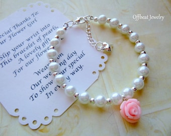 Rose and Pearl Beaded Bracelet, White and Silver Beads, Your Choice of Rose Color, Makes a Great Gift for your Wedding Party or Girl's Gift