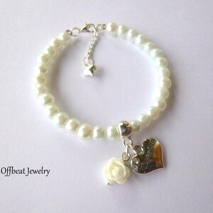 Pearl Flower Girl Bracelet: Rose Charm, Children&#39;s Wedding Jewelry,
