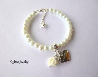Pearl Flower Girl Bracelet: Rose Charm, Children's Wedding Jewelry,