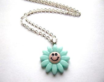 Smiley Face Flower Necklace: Silver Chain Child's Jewelry.