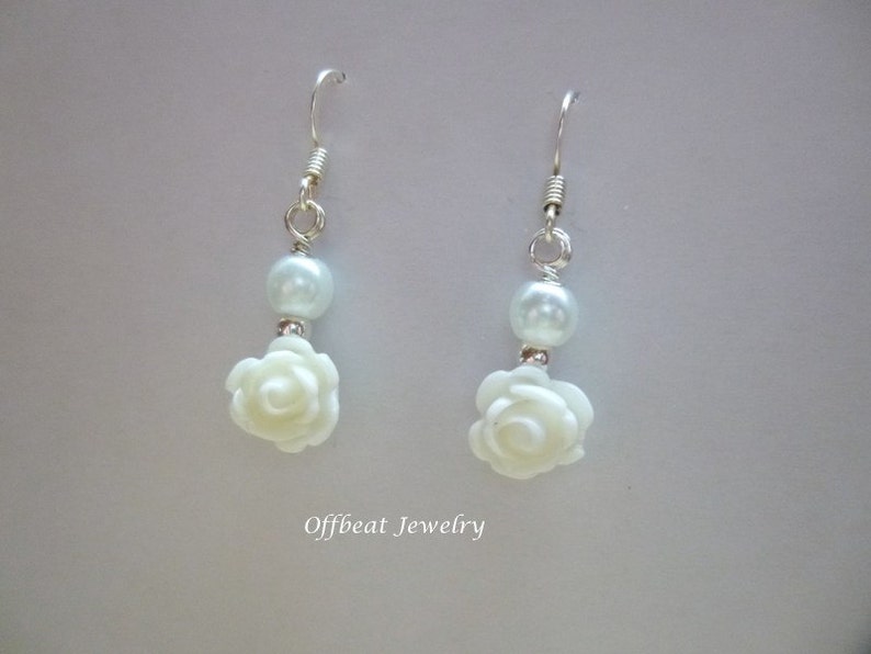 Rose & Pearl Earrings, Flower Girl Earrings, Bridesmaid Earrings, Flower Girl Gift, Wire Wrapped Earrings, Wire Wrapped Rose Earrings image 4