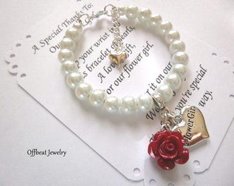 Pearl Flower Girl Bracelet: Rose Charm, Personalized Card.