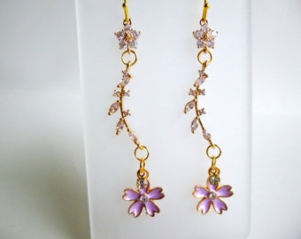 Branch with Leaves Cubic Zirconia Flower Earrings/ Cubic Zirconia w/Pink Flower/Leaves on a Branch Dangle Earrings, Makes a Great Gift