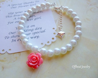 Pearl Flower Girl Bracelet: Resin Rose, Silver Heart Charm,