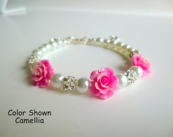 Personalized Rose & Pearl w/Rhinestones Bracelet, Three Rose's with Rhinestone Fireballs, Makes a Great Gift for Your Wedding or Birthday