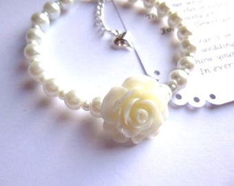Pearl Flower Girl Bracelet: White Glass Pearls & Resin Rose,