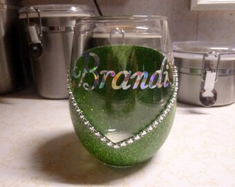 Glittered Stemless Wine Glass, Personalized Stemless Wine Glass, Wine Glass, Bridesmaid Gift, Christmas Gift, Birthday Gift, Fun Gift