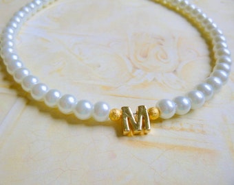 Personalized Initial and Pearl Necklace, Great Gift for the Special One, Gold Plated Initial with Glass Pearls Strung on Wire Necklace