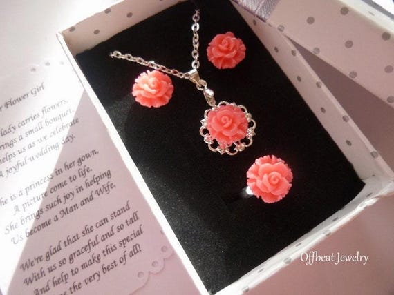 Rose Little Girl Jewelry Set: Necklace, Earrings & Ring,