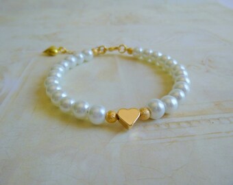 Heart with Gold Beads and Pearls Bracelet, Heart Pearl Bracelet, Golden Beads Pearl Bracelet, Dainty Pearl Bracelet, Makes a Great Gift