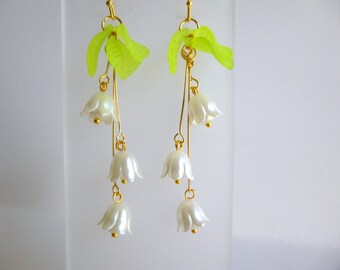 Lily of the Valley Dangle Earrings, Nature Inspired Realistic Flower Earrings, Real Gold Plated Hook Dangle Earrings, Great Gift, E407