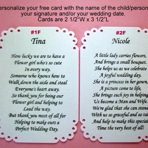May include: Two white wedding cards with scalloped edges, each with a poem. One card is for "Tina" and the other for "Nicole." The cards are 2.5 inches wide by 3.5 inches long. The background is pink.