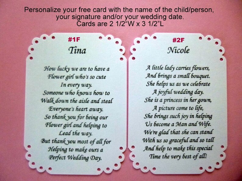 May include: Two white wedding cards with scalloped edges, each with a poem. One card is for "Tina" and the other for "Nicole." The cards are 2.5 inches wide by 3.5 inches long. The background is pink.