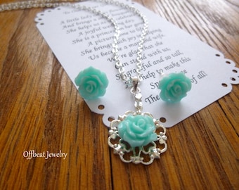 Rose Filigree Necklace and Earring Set: Flower Girl Jewelry,