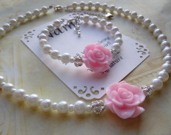 Pearl Glitter Rose Flower Girl Jewelry Set, Pearl Flower Girl Necklace, Pearl Flower Girl Bracelet, Pearl Bridesmaid Jewelry, Pearl Jewelry