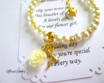 Personalized Pearl Flower Girl Bracelet: Rose Initial Charm,