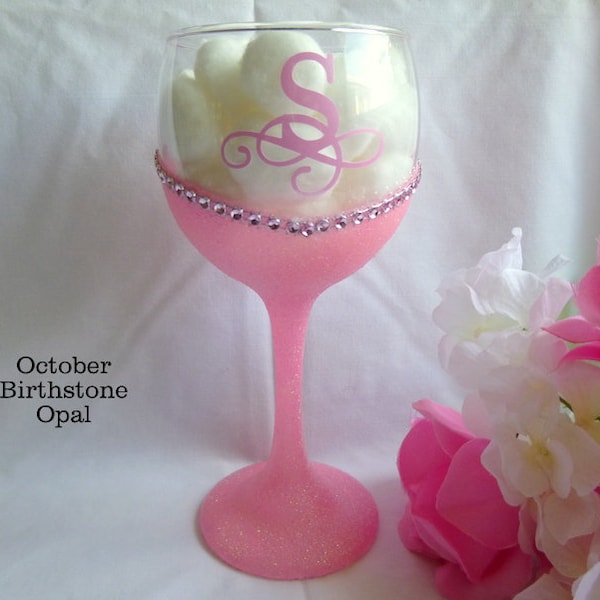 Personalized Glitter Wine Glass, Personalized Wine Glass, Glitter Wine Glass, Personalized October Birthstone Wine Glass, Christmas Gift