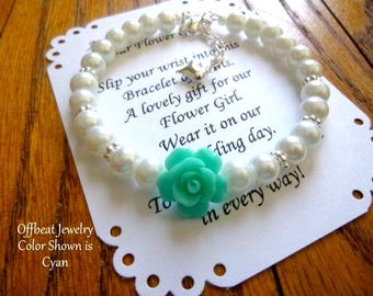 Pearl Flower Girl Bracelet: Rose Accent, Personalized Card,