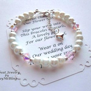 Pearl Flower Girl Bracelet: Pink Bicone Beads, Silver Heart,