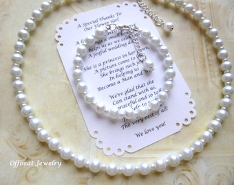 Weiße Perlen Schmuck Set: Blumenmädchen Armband & Halskette