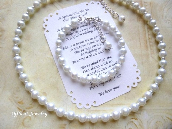 White Pearl Jewelry Set: Flower Girl Bracelet & Necklace