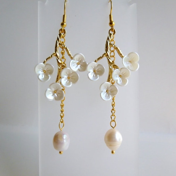 Flowers on a Branch Dangle Earrings, Salt Water Pearl Hanging on a Chain Dangle Earrings, Bridesmaid Dangle Earrings, Great Gift, E122