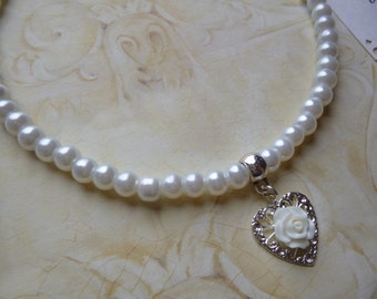 Pearl Flower Girl Necklace: Rose Heart Charm, Child's Jewelry,
