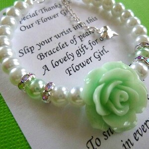 Roze en parel bloemenmeisje armband: strass en glazen parelsieraden, afbeelding 1