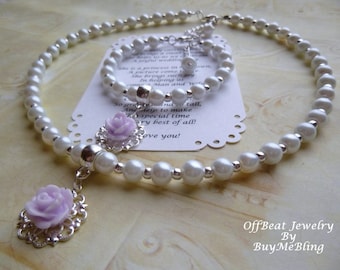Conjunto de colar e pulseira de pérolas para dama de honra, colar de pérolas para dama de honra, pulseira de pérolas para dama de honra, colar de rosas, presente de Natal
