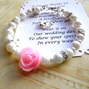 Pearl Flower Girl Bracelet: Pink Glitter Rose, Rhinestone Gift,