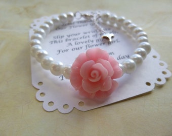 Pearl Flower Girl Bracelet: Resin Rose, Silver Heart,