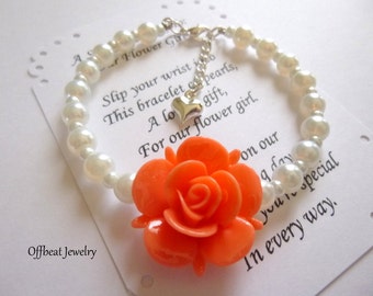 Pearl Flower Girl Bracelet: White Glass Pearls, Resin Rose,