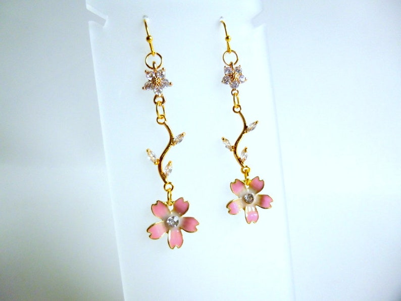 Leaf Branch with Flowers Cubic Zirconia Dangle Earrings, Branch with Cubic Zirconia Leaves and Flower Stud Earrings, Post Earrings Pink Flower