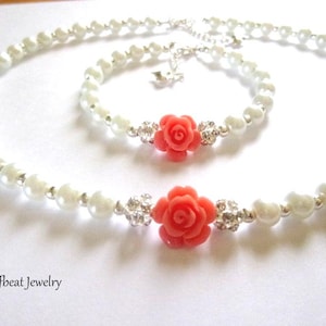 Pearl Flower Girl Jewelry Set: Rose Necklace & Bracelet