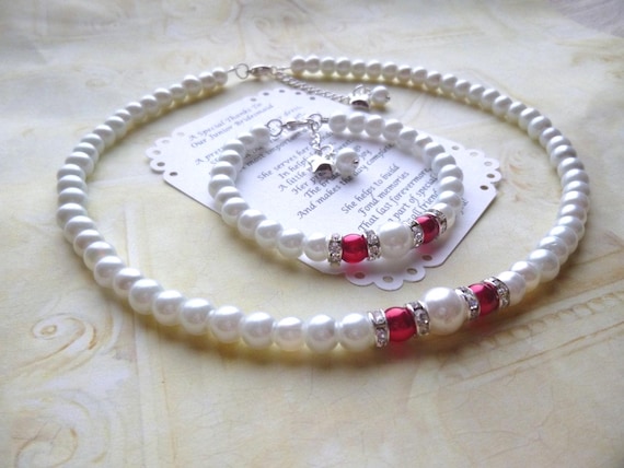 Pearl Flower Girl Jewelry Set: Necklace & Bracelet, Rhinestone Detail