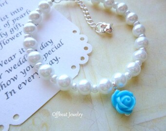 Pearl Flower Girl Bracelet: Resin Rose, Silver Heart,