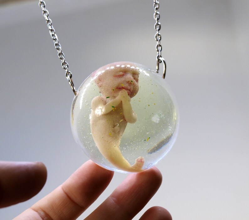 Bizarre contemporary jewelry Sirenomelia mutation Encapsulated baby mermaid pendant Curiosities cabinet fetus sculpture Medical specimen