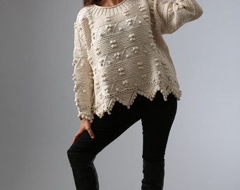 Hand Knitted Aran, Celtic Style Sweater/Jumper | Designer: LILLI  | Length; 23" (58 cm)