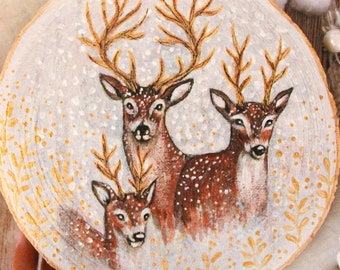 Deer painting Winter winter art woodland farmhouse wonderland decor seasonal holiday Folk shabby cozy season cottage country hygge magic fairy