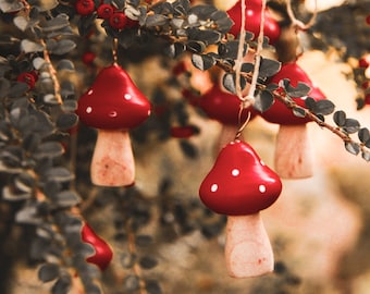 Red mushroom ornament, amanita, Christmas, wood, autumn, fall, farmhouse, cottage, core, wonderland, fairytale, hygge, folk, woodland