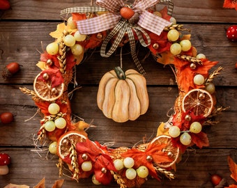 Wreath autumn dried orange leaf grape berries golden tartan wheat Magic folk country hygge Autumn Fall Halloween Cozy farmhouse cottage