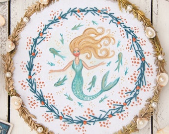 Mermaid ornament embroidery wonderland mermaid fish folk summer water ocean sea shell H20 fish dolphin underwater fairy tale marine summer water