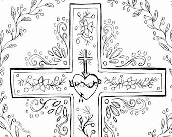 Coloring Page Download - Illustration Olga Valeska - Cross Jesus Christ crucifix Christian Catholic Faith Folk Folk Prayer