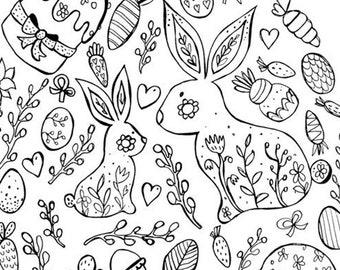 Page de coloriage en téléchargement - Illustration Olga Valeska - Folk Easter Slavic Pâques Rabbit lapin oeufs folk tale fairy folkloric