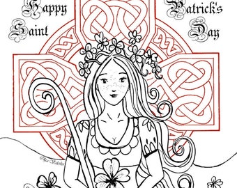 Page de coloriage en téléchargement - Illustration Olga Valeska - Saint Patrick's Day Irelande celtique celtic Folk tale fairy folkloric