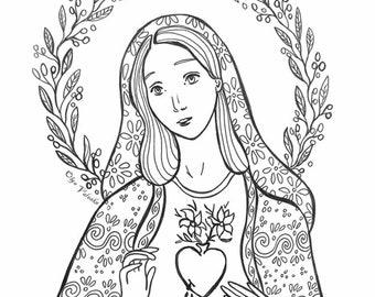 Coloring page for download - Illustration Olga Valeska - Holy Virgin Mary Christian Catholic Faith Folk Prayer