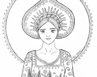 Page de coloriage en téléchargement - Illustration Olga Valeska - Folk Easter Slavic Russian doll folk tale fairy