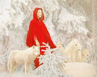 Postcard art photography "Little Red Riding Hood" Olga Valeska - Christmas Christmas winter wonderland fairy tale magic faerie snow winter