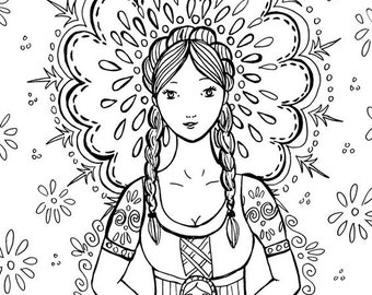 Coloring page for download - Illustration Olga Valeska - Folk Easter Slavic Russian doll folk tale fairy