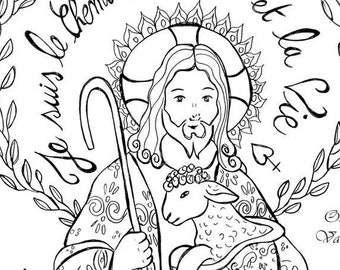 Coloring Page Download - Illustration Olga Valeska - Jesus Christ Lamb Easter Christian Catholic Faith Folk Folk Prayer